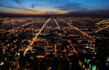 Aerial view of a city by night